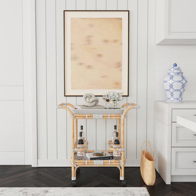 Selena & Rattan Bar Cart, Gray/White Dot