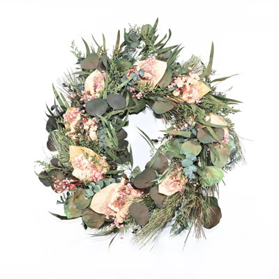 24" Artificial Bohemian Natural Dried Greenery Grass Eucalyptus Blossom Cluster Hydrangea Floral Wreath For Front Door