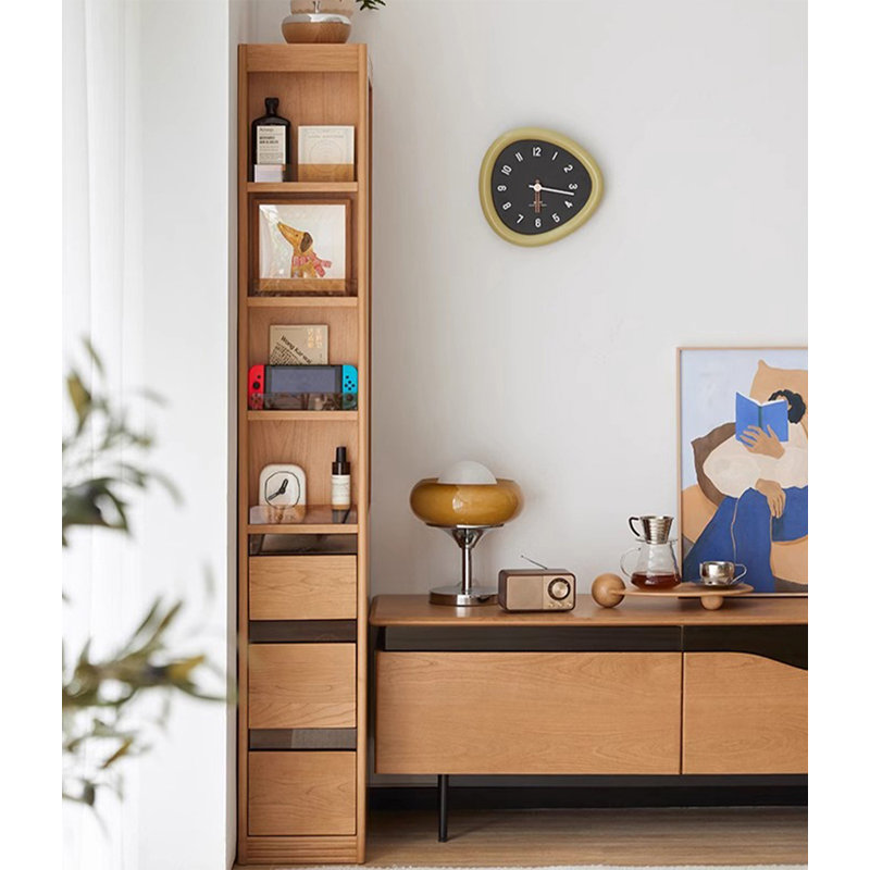 Space Saving Solid Wood Narrow Bookcase with Drawer Storage