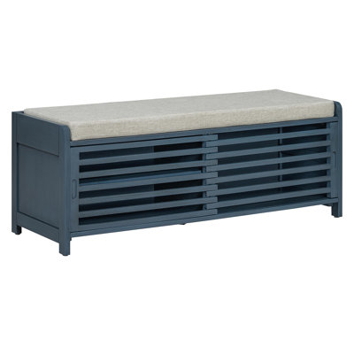 Shoe Bench With Storage And Cushion, Distressed Shutter Storage Bench With Retro Charm For Living Room, Entryway (Navy)