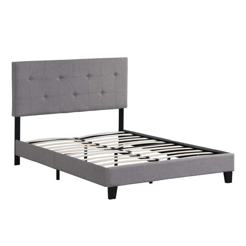 Structure de lit double tapissier pleine grandeur avec tête de lit moderne en tissu capitonné à boutons, aucun sommier requis, support à lattes de bois, assemblage facile, gris