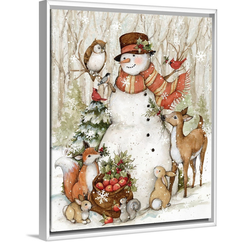 «Meadowbrook Woodland Snowman» par Susan Winget - peinture sur toile tendue, H 41,25 po x l 33,25 po, Cadre blanc