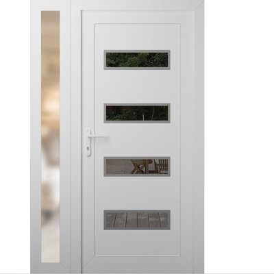 Front Exterior Prehung uPVC Metal-Plastic Manux 8113 White Silk Side Sidelite Office Commercial and Residential Doors Entrance Patio Garage 44 x 80 (W32+12 x H80) Right hand Inswing