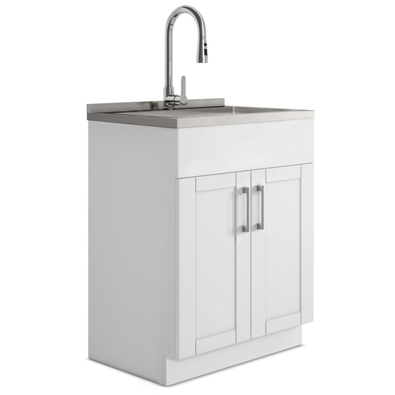 Simpli Home Beckham Transitional 28 in. wall mount Laundry sink with Cabinet Faucet and Stainless Steel Sink in White