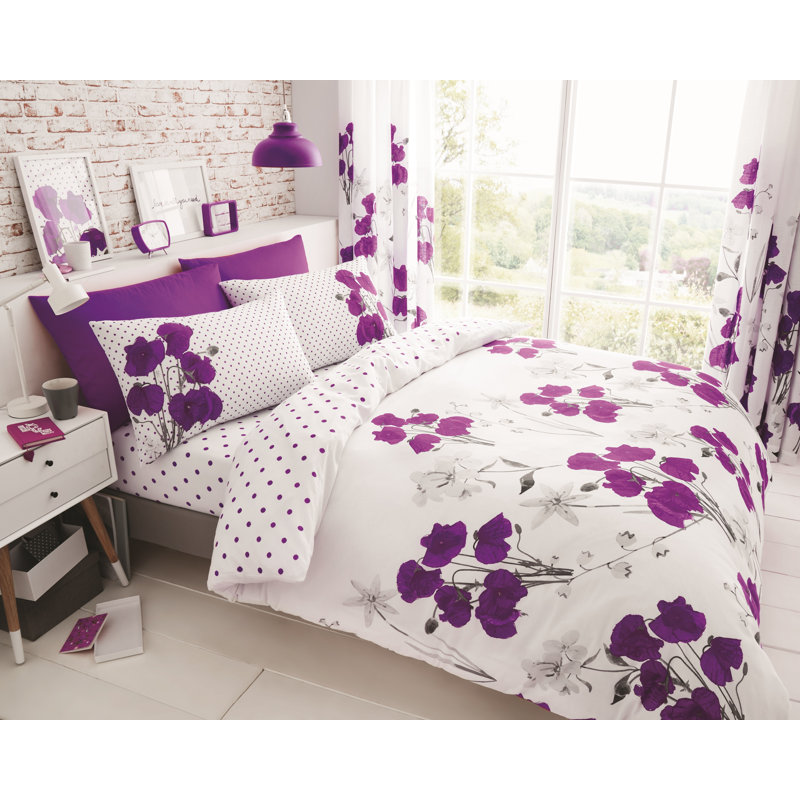 Floral Design Duvet Cover Set Polycotton with Pillowcases - Yarn Bedding, Aubergine, Single