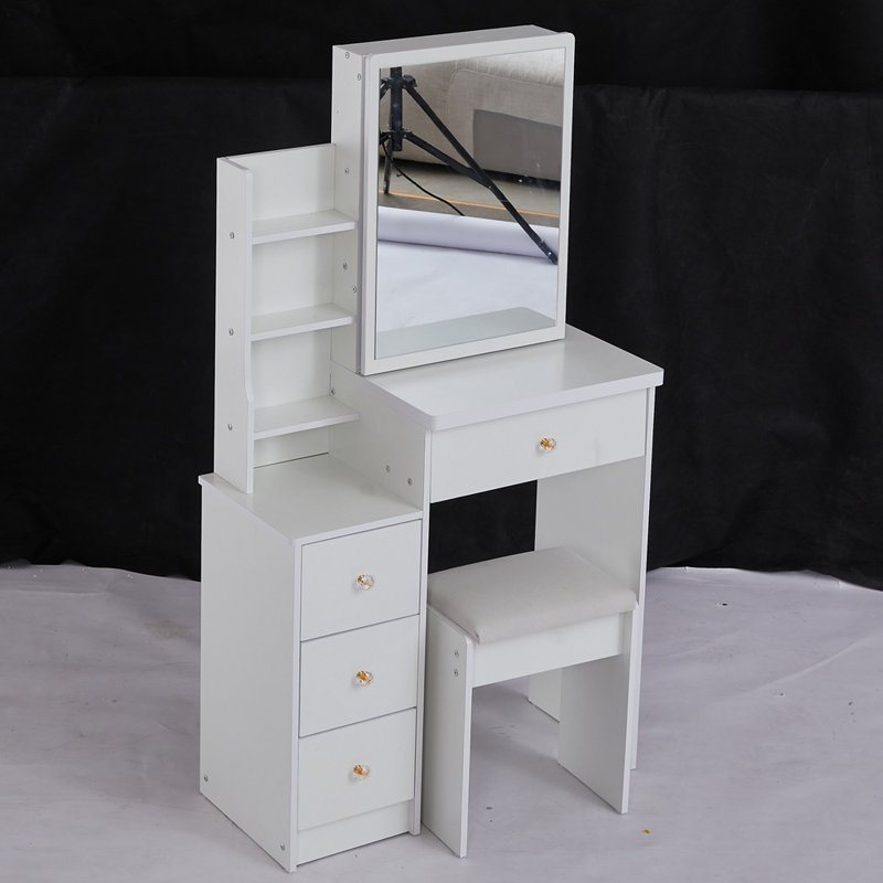Table de chevet compacte avec tabouret rembourré, miroir coulissant et rangement multi-couches grande capacité pour les petits espaces.