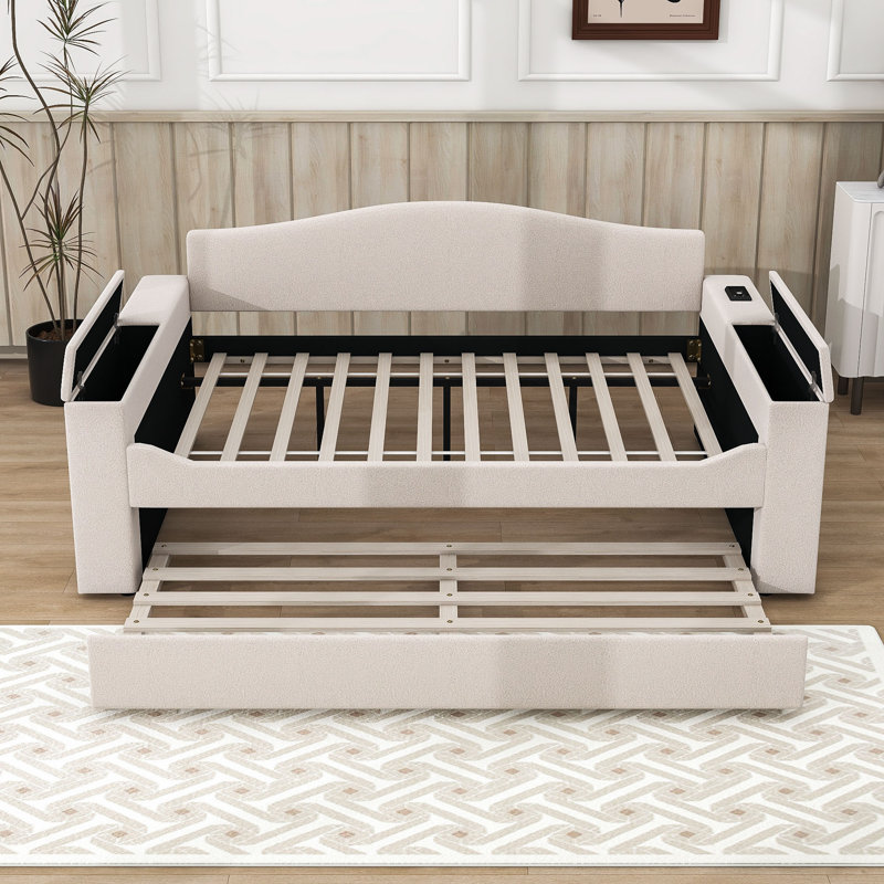 Lit de jour rembourré avec couchette Loisann, Beige, Double