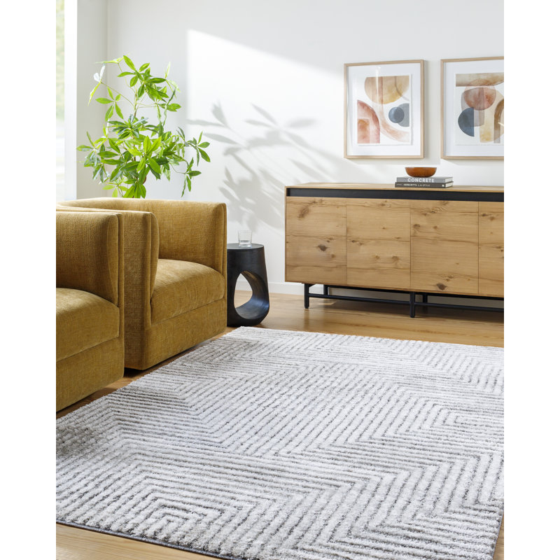 Rectangle Jean-Paul Striped Machine Woven Polyester Area Rug in White/Gray, Rectangle 5'3" x 7'