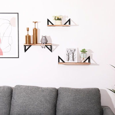3 Natural Wood Wall Mounted Shelves - Floating Style With Brackets For Bedroom, Living Room, Kitchen, Bath Of