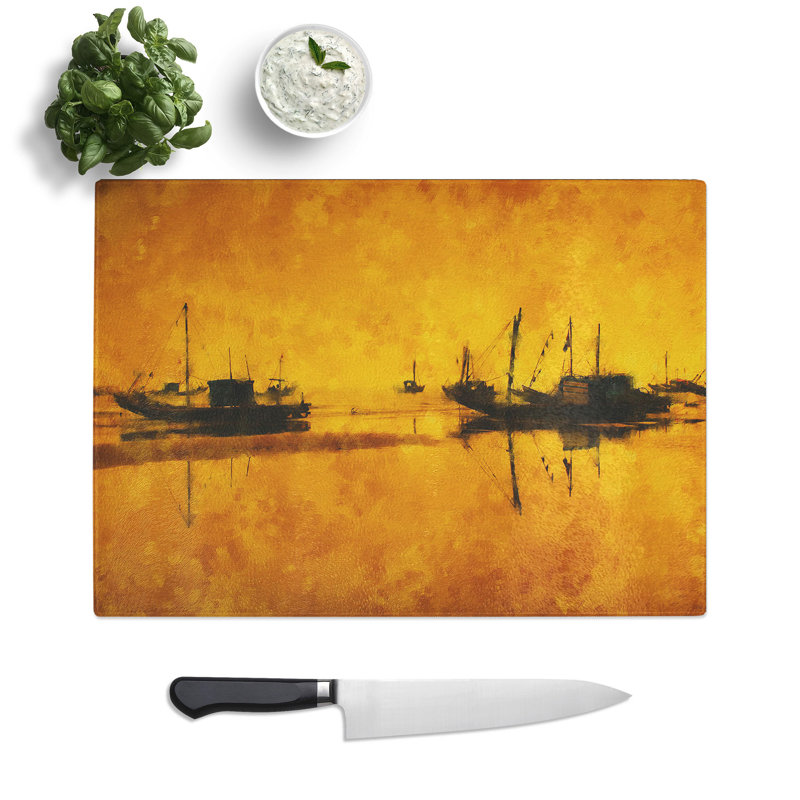 Fishing Boats at Sunset Painting Chopping Board, 20cm W x 28.5cm L