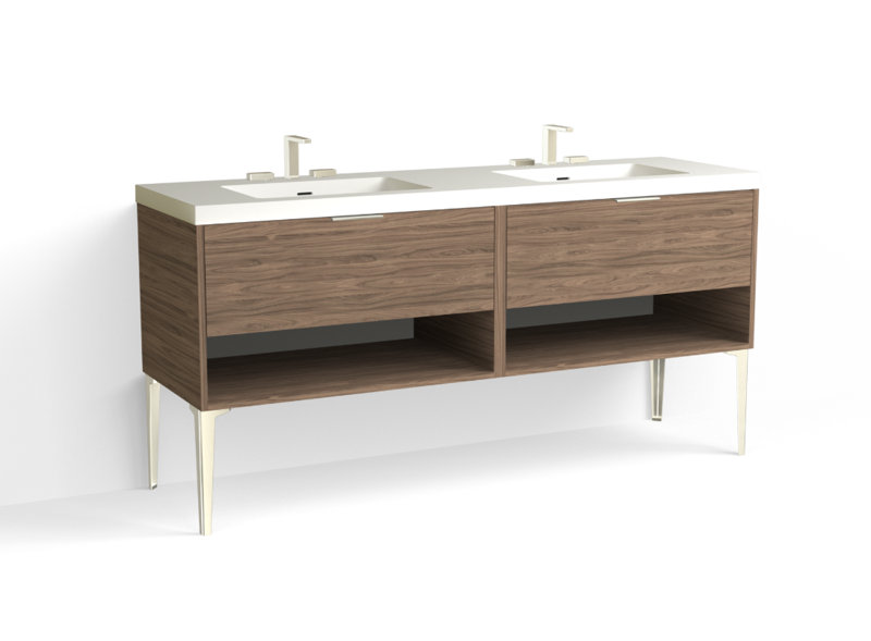 Modo 72" W Freestanding Double Bathroom Vanity with Dean Leg, Satin Brass, Matte White/8" Widespread, Nocino