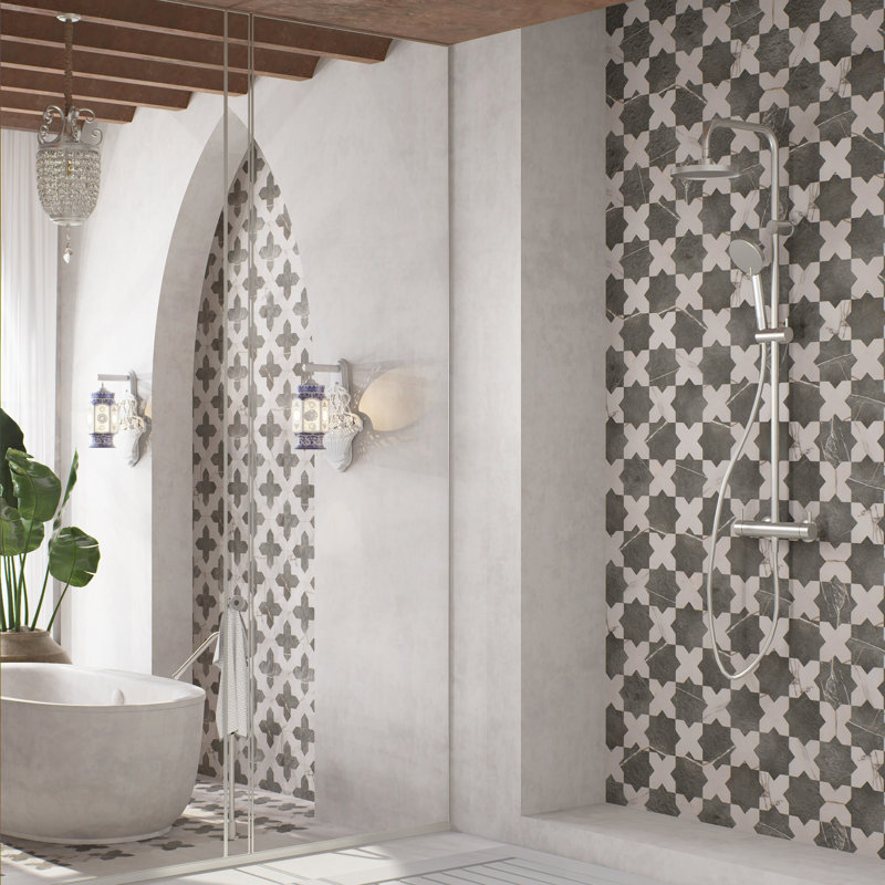 Istanbul Star with Cross 6 In. X 12 In. Porcelain Floor And Wall Tile Kit, Black/White