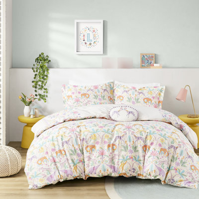 Cotton Reversible Bedding With Bright Jungle And Floral Motifs Duvet Cover Fun Print For