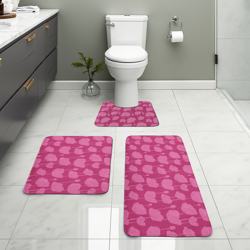  Ensemble de tapis de salle de bain Floral 3 pièces en U et tapis rectangulaires rose magenta foncé