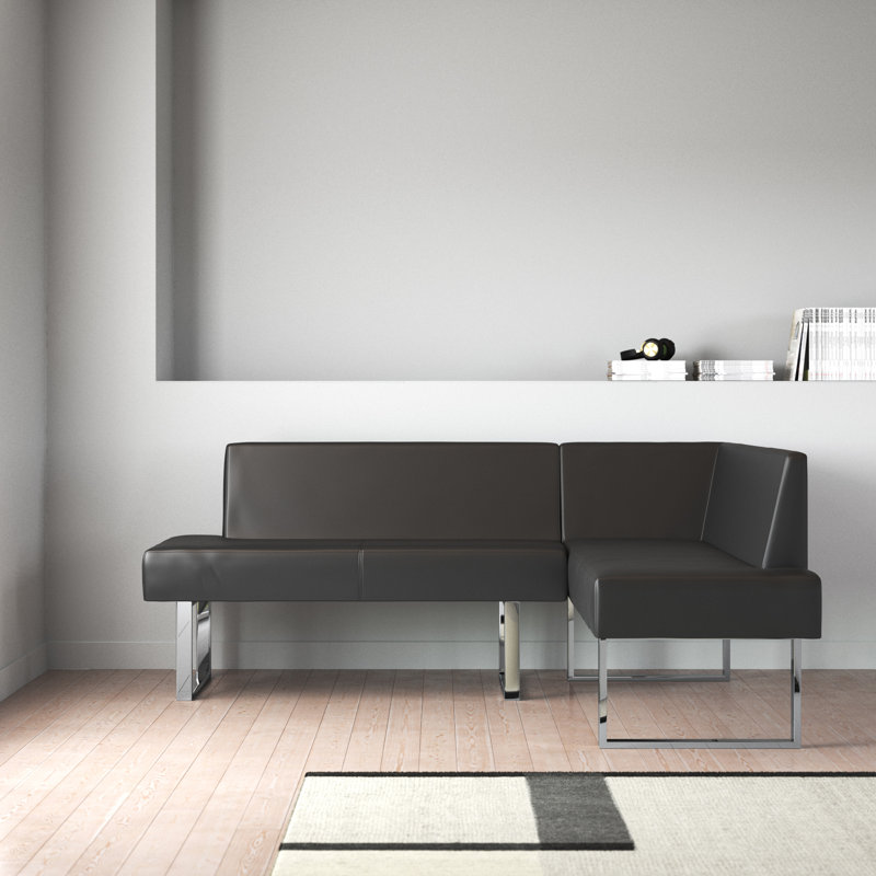Darcie 2-Piece Contemporary Corner Sofa in Faux Leather and Chrome Metal, Black Faux Leather