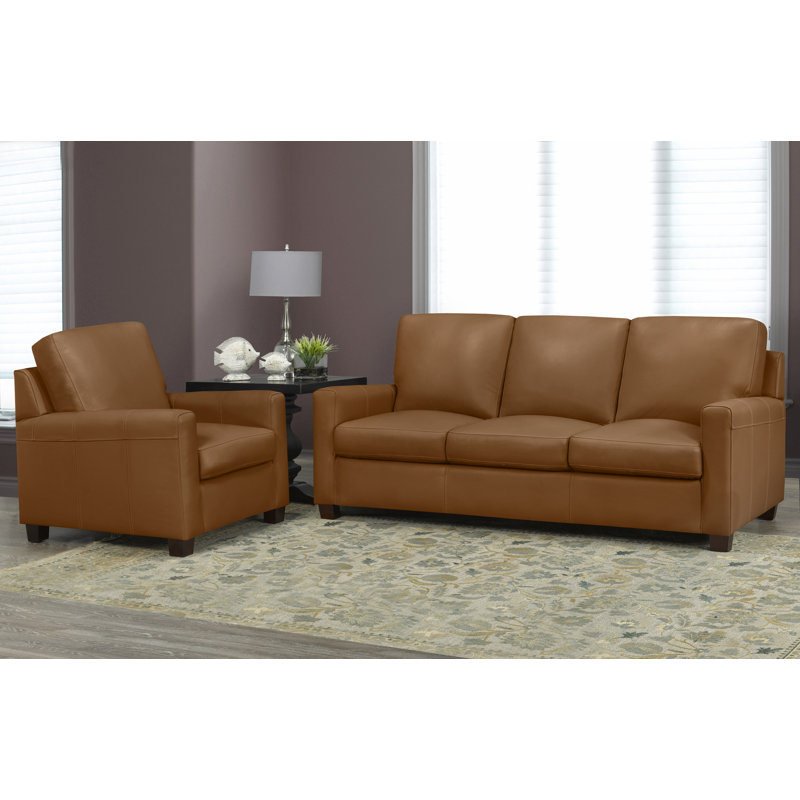 Canapé Anum, Cuir véritable brun moyen, H 36 po x l 76 po x P 37 po