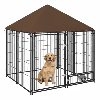 Chenil pour l'extérieur, 4,6 pi x 4,6 pi x 5 pi, parc pour chiots avec couvercle de toit, comprend un bol rotatif, adapté au jardin ou à la cour, couleur noire