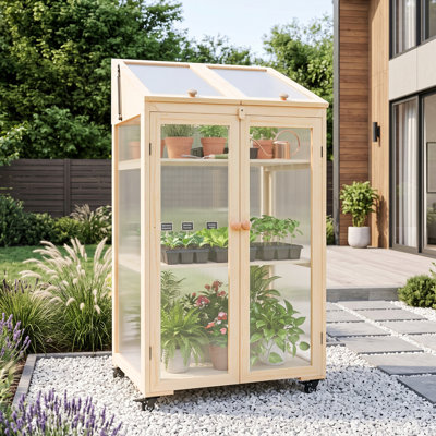 Wooden Cold Frame Greenhouse with Wheels, 3‑Tier Fir Plant Cabinet with Dual Independently Openable Flip‑Top Lid, Removable Shelves & Handles, Polycarbonate Panels Portable Plant Greenhouse for Balcony Patio Yard Indoor Outdoor