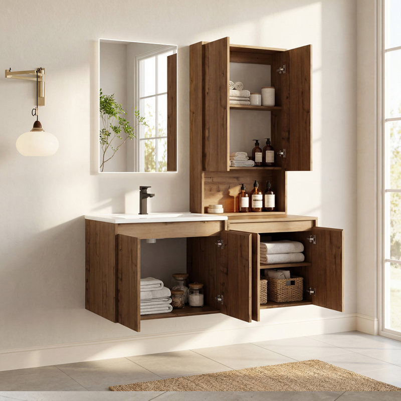 Meuble-lavabo flottant simple 48 po avec armoire supérieure, lavabo en céramique et conception sans poignée, Bois naturel