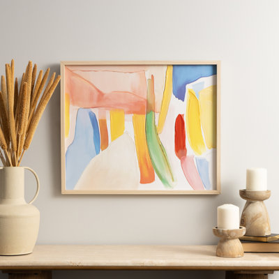 Cole and Grey Canvas Abstract Multi Colored Living Room Framed Wall Art with Brushed Paint Strokes and Light Brown Frame