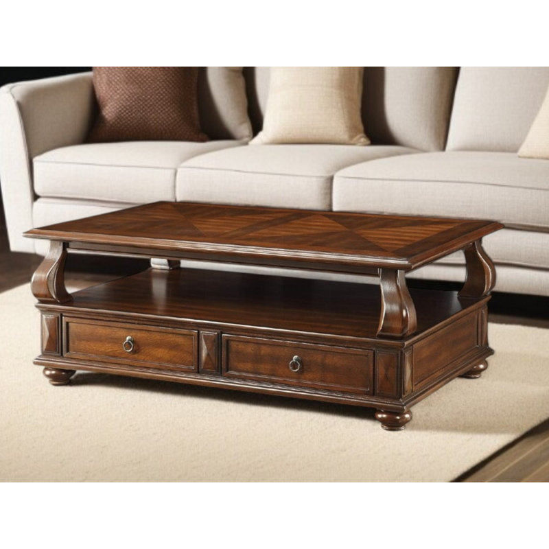 Table basse 50 po en bois massif brun foncé avec deux tiroirs et une tablette