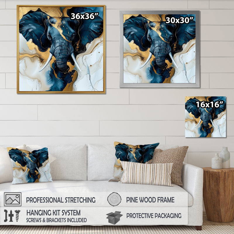 Glam Elephant Marble Giant I - Éléphant, art mural, H 16 po x l 16 po, Reproduction avec cadre flottant, Noir