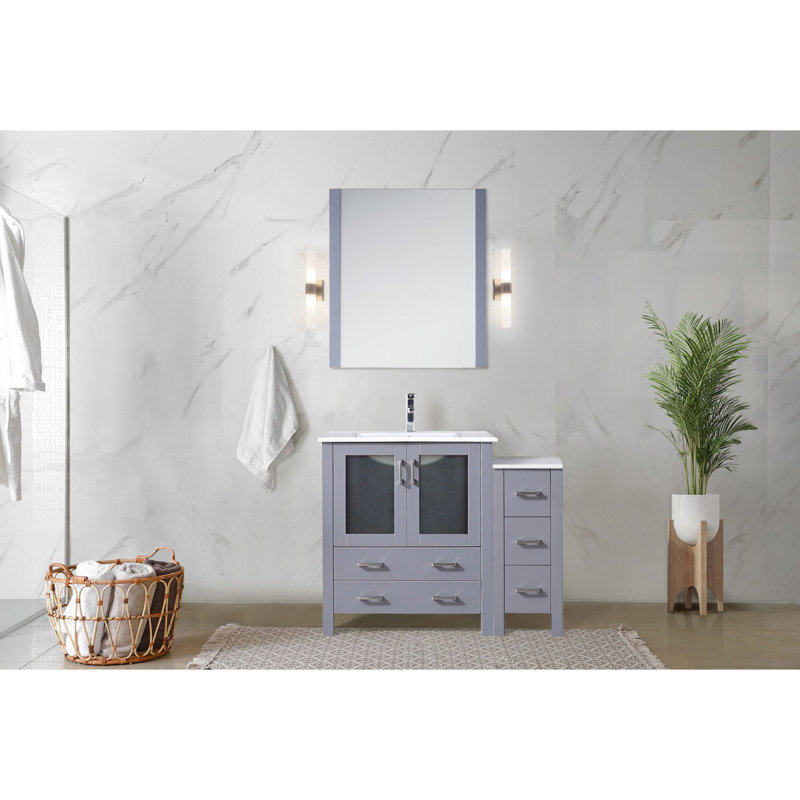42 po W Meuble-lavabo gris foncé avec compartiments de rangement latéraux, comptoir de lavabo en céramique blanche, robinet et miroir mural de 28 po avec tiroir de qualité durable