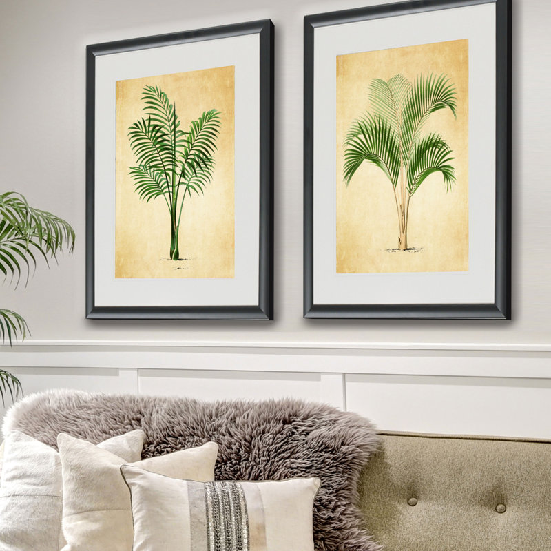 « rétro palmiers i », ensemble de 2 reproductions de peintures à l’acrylique encadrées, Cadre noir