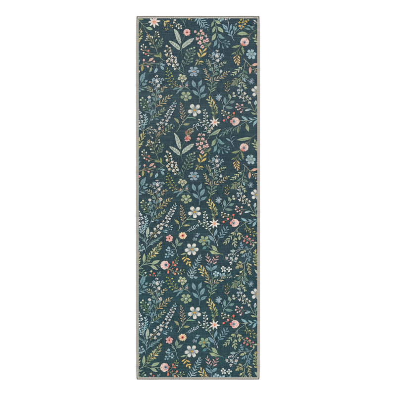 Cogswell BloomScape Floral Machine Washable Blue / Green Indoor Area Rug with Non-Slip Backing, Runner 2'6" x 8'