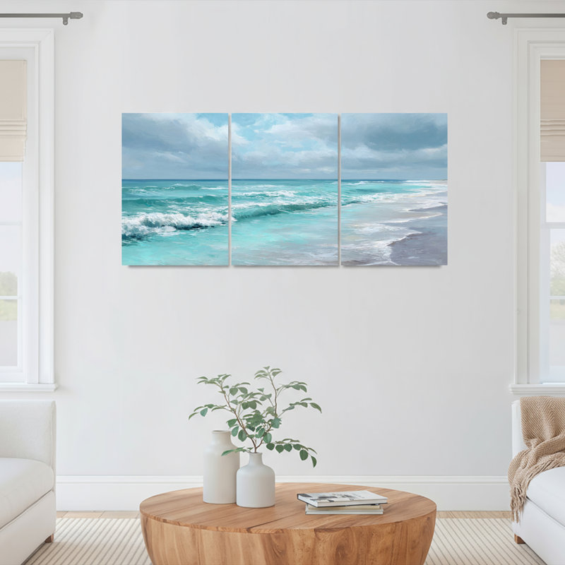 Ensemble de 3 toiles murales représentant une scène de plage avec des vagues océaniques, H 24 po x l 48 po