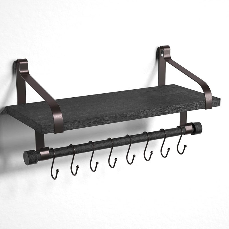Tablette flottante pour la cuisine et la salle de bain - Tablette murale en bois rustique avec barre à serviettes et crochets amovibles pour organiser les épices, les ustensiles, les tasses - supports en métal robustes et fabrication en bois massif