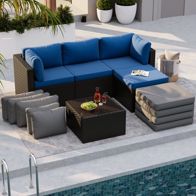 6-Piece Wicker Patio Conversation Set with Ottoman & Two Sets of 4.7-Inch Cushions