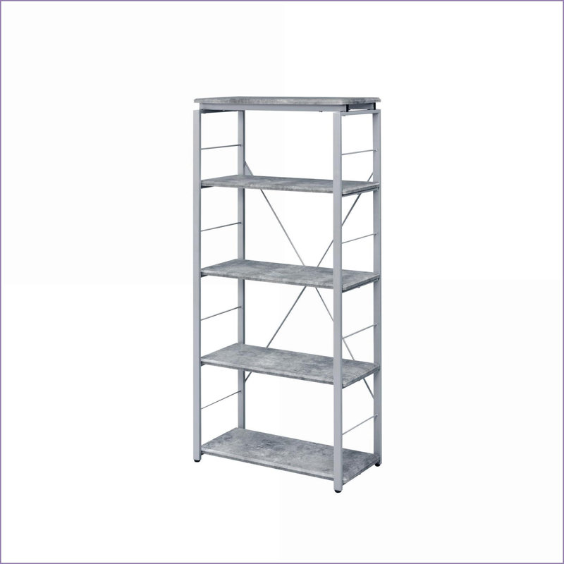 Bibliothèque de style étagère avec 5 tablettes fixes | Faux béton synthétique, métal argenté brossé