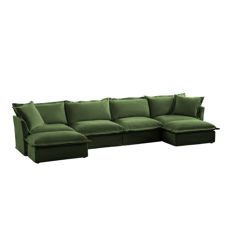 Canapé modulaire en U vert à motif de chenille vert, canapé modulaire à assise profonde avec bords français et coussins surdimensionnés pour le salon