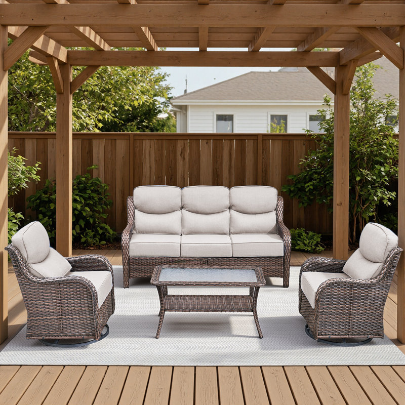 Ensemble de conversation pour canapé d'extérieur en osier avec chaises pivotantes et table basse, Beige, Brun