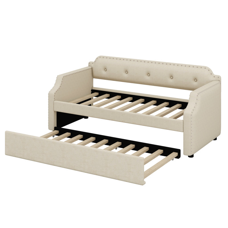 Upholstered Daybed With Trundle, Beige