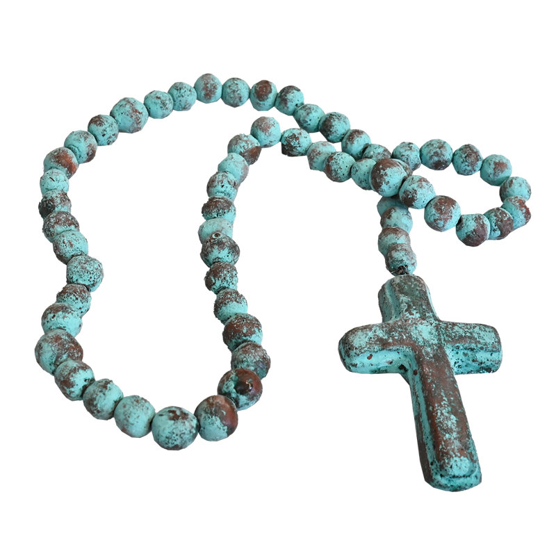 Natural, Hand Fired Clay Rosary With Cross, Teal, 32" H x 3.5" W x 1" D