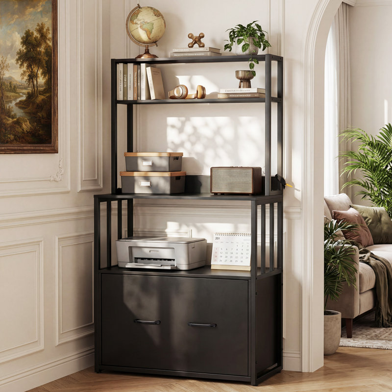 Vertical Filing Cabinet with Bookshelf for A4 & Letter, Black