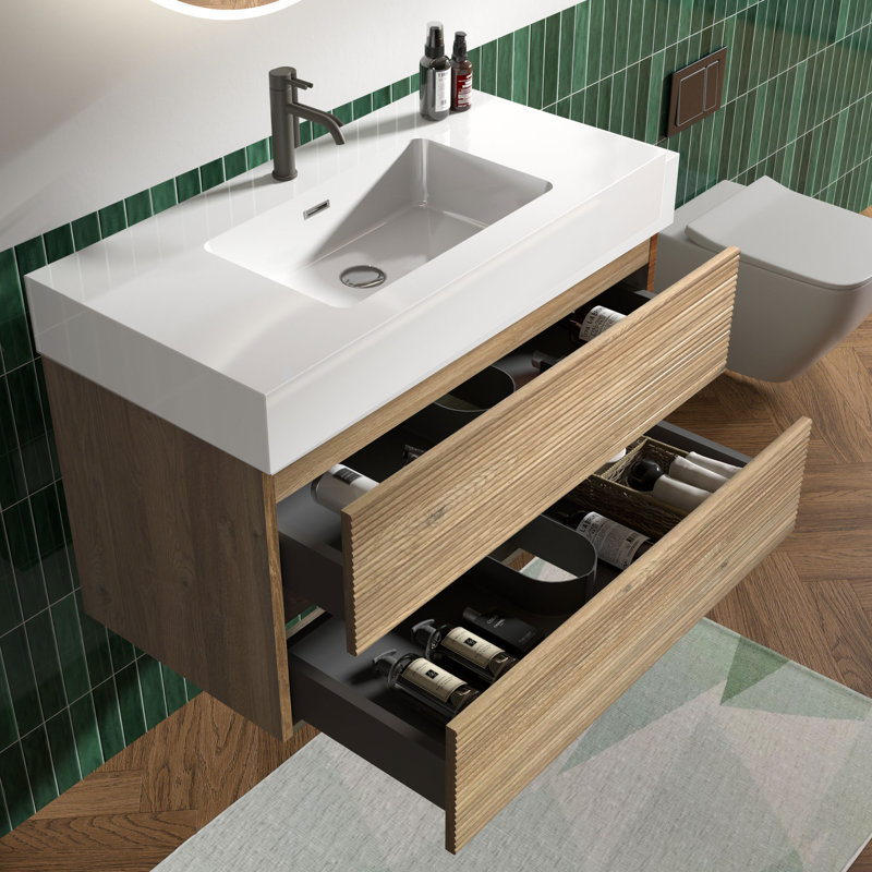 Meuble-lavabo mural avec surface solide et 2 tiroirs à fermeture en douceur, 36", Chêne brut, Blanc