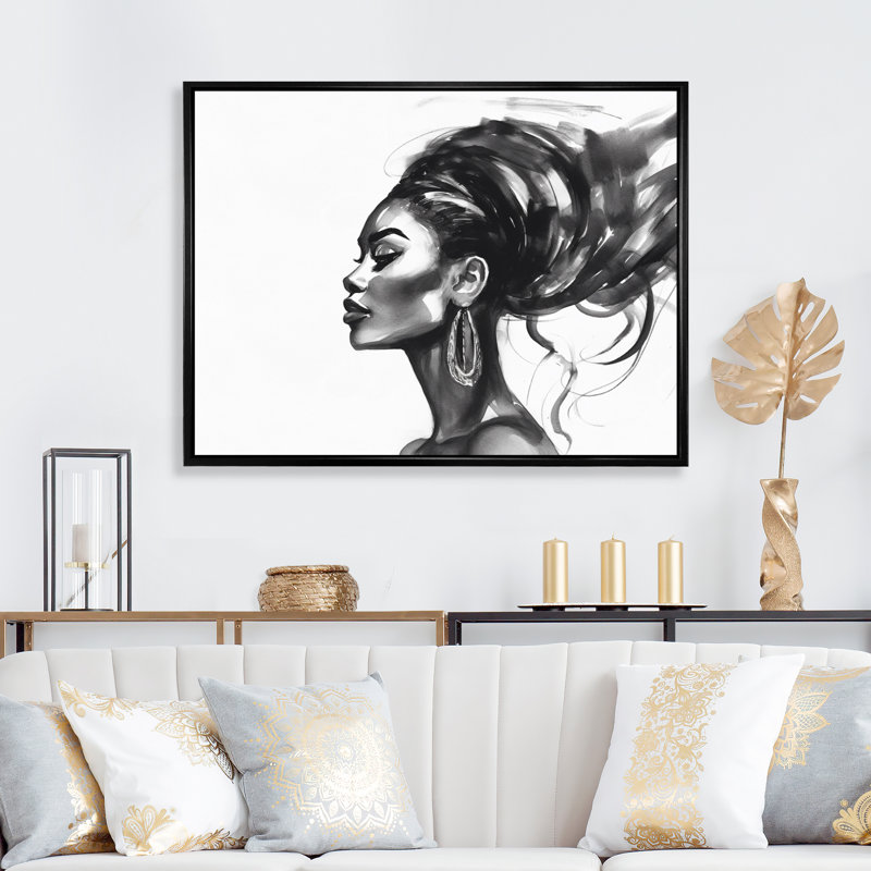 Femme afro-américaine Pierce V sur toile, H 34 po x l 44 po x P 1,5 po, Cadre flottant noir