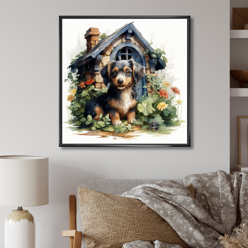 «Puppy Doghouse Blooms I», art mural chien, Cadre flottant noir, H 36 po x l 36 po x P 1,5 po