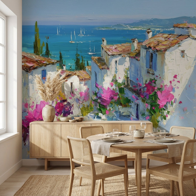 Papier peint méditerranéen bord de mer, 100"x96", Peel and Stick
