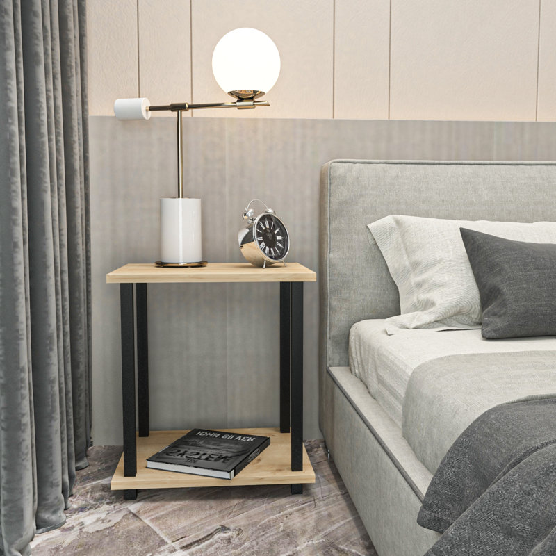 Calvester Nightstand - Modern Square End Table with Lower Shelf, Black/Oak