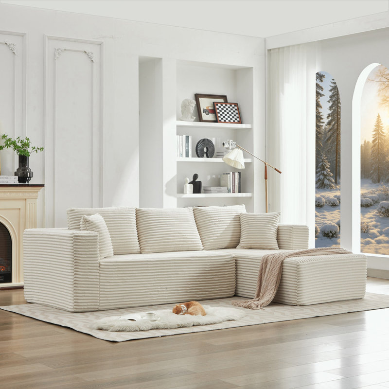 Canapé modulaire en L avec méridienne orientée vers la droite, Velours côtelé beige