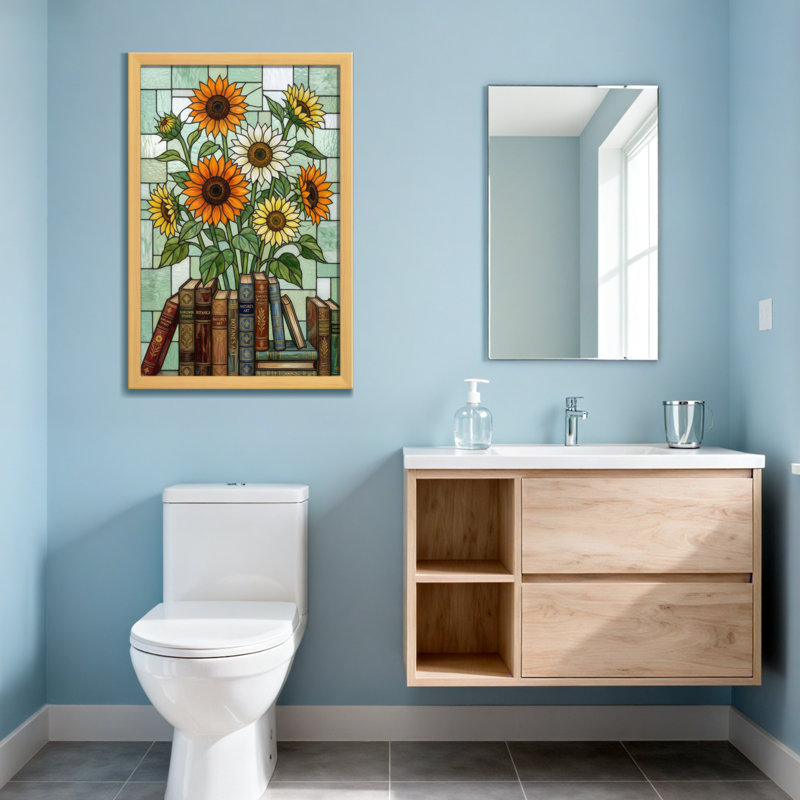 Plantes et fleurs, livres de tournesol, motif d'art en verre coloré, H 12 po x l 18 po, Grain de bois clair