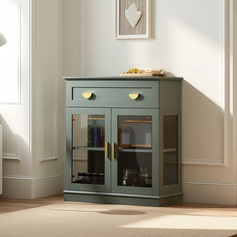 Elegant Small Buffet Cabinet With Led Lights - Space-saving Small Sideboard With Adjustable Shelf, Glass Doors & Drawer - Modern Kitchen Storage For Coffee, Cups & Essentials