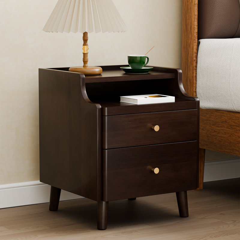 Nightstand with Drawers, Pre-Assembled, Natural Solid Wood Night Stand with Open Sliding Shelf, Black Walnut