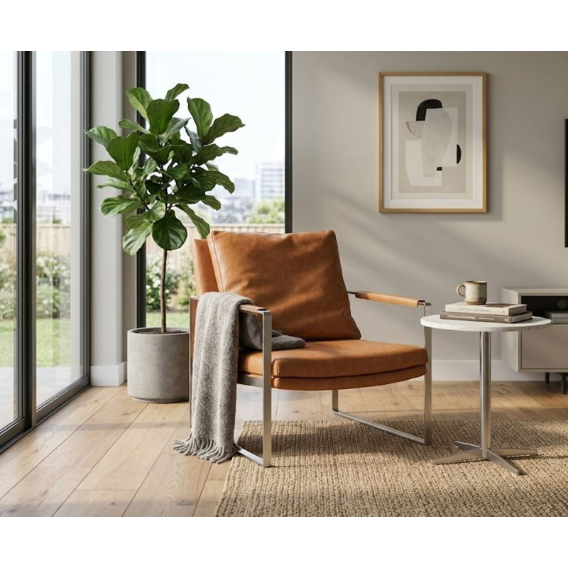 Fauteuil de 26 po de large Guani, Simili cuir brun clair, Chrome