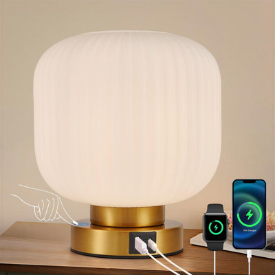 Touch Control Table Lamp With USB-C And USB-A Charging Ports, Glass Shade