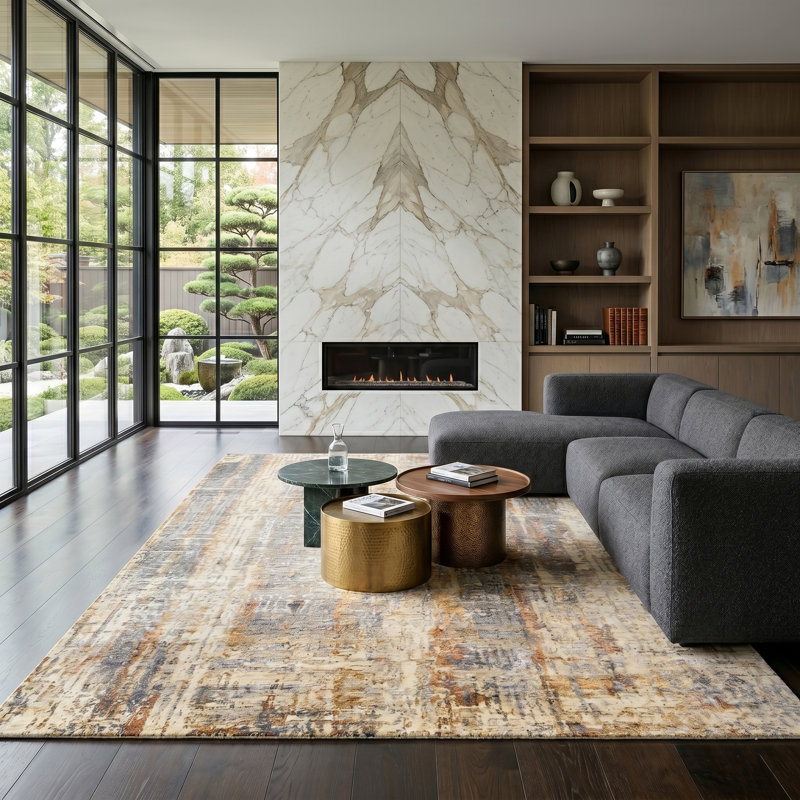 Tapis rectangulaire gris / beige en soie / laine noué à la main Rectangle Serena, Rectangle 9 pi x 12 pi
